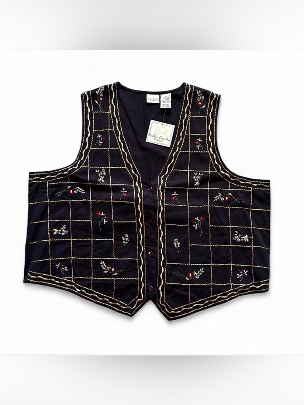90’s Bobbie Brooks Navy Embroidered Floral Vest with Gold Trim